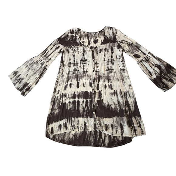 Billabong Oversized Shirt Dress With Bell Sleeve Gauzy Brown White Jr Large - Picture 14 of 15